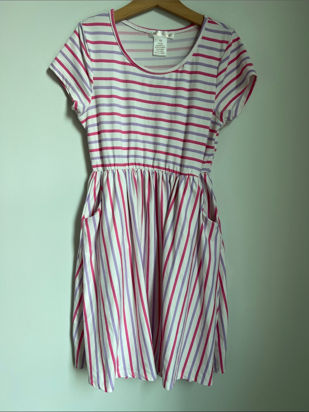 Emma & Elsa | Kids Striped Pink & Lavender Short Sleeve Knit Dress Pockets Sz 10